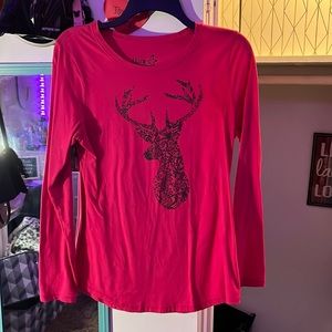 pink long sleeve shirt. Deer on the front lace and  sparkly. The back is blank.